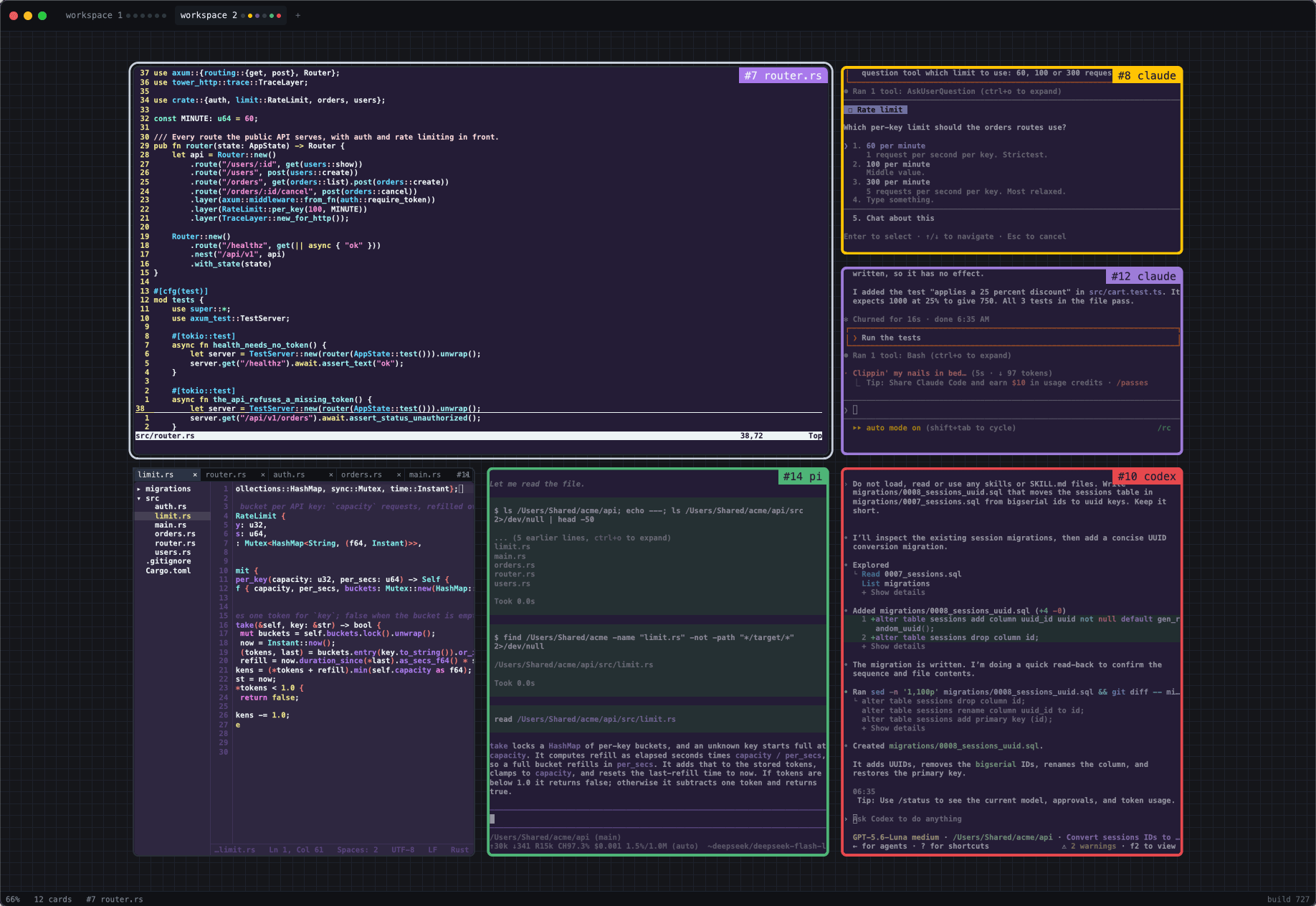 An infiniterm window at 66% zoom with six cards: code open in vim, an editor with a file tree, and four agent sessions. Claude Code asking which rate limit to use has a yellow border, a second Claude Code session at work is violet, a finished Pi session is green, and a failed Codex session is red.